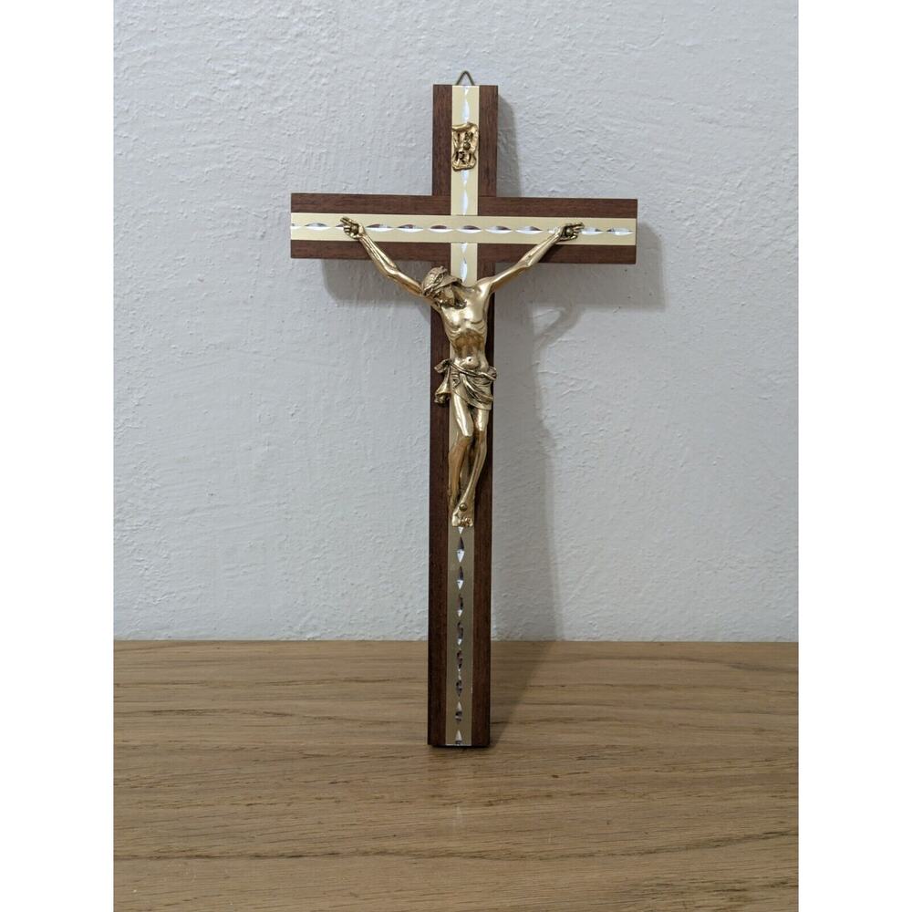 Wooden Crucifix with Metallic Corpus | Gold-Tone or Iridescent Cream Inlay